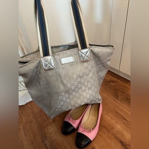 GUCCI Shoulder Tote Bag GG Canvas Leather Silver Authentic - Picture 1 of 16